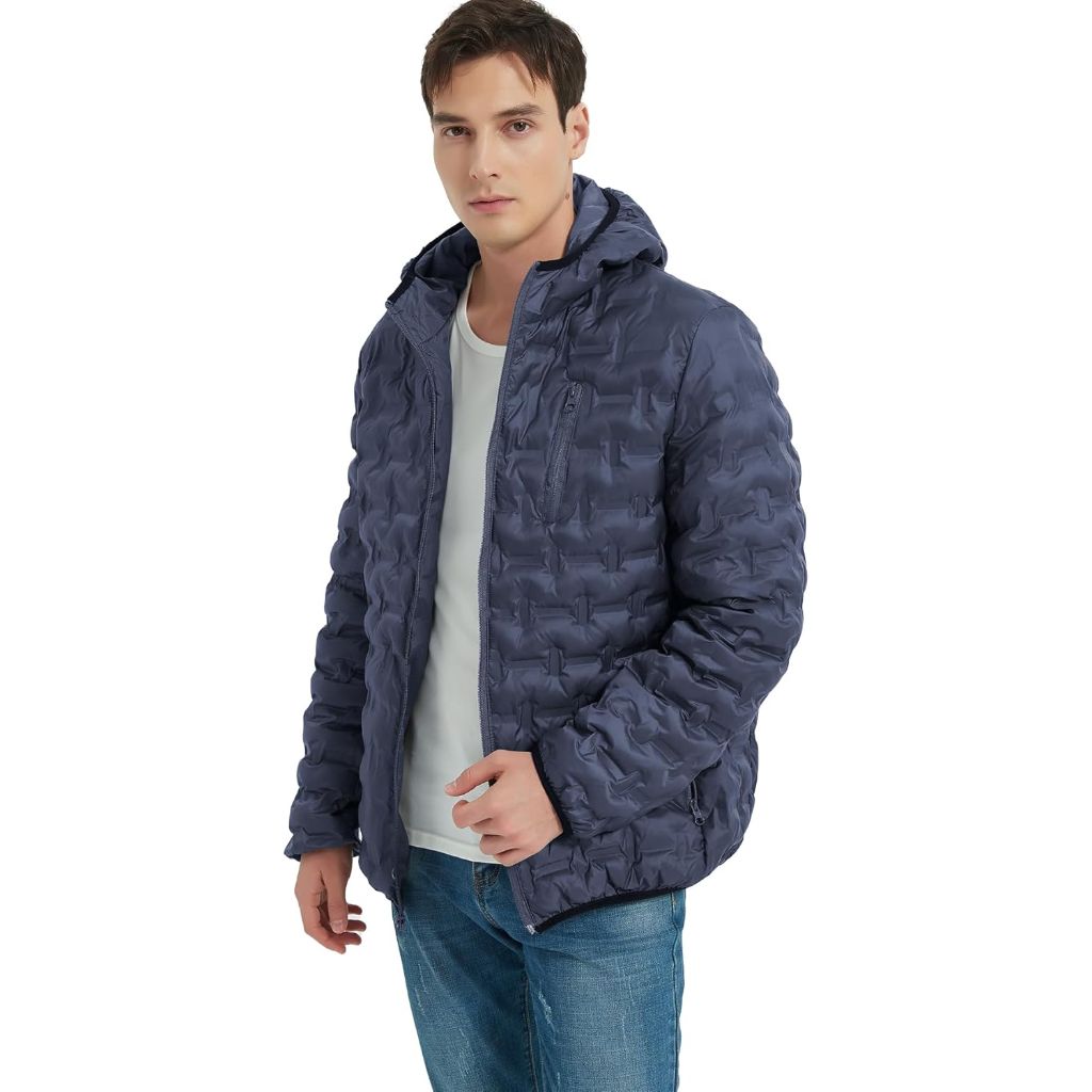 Men's Lightweight Puffer Jacket Hooded Full Zip Packable Warm Winter Coats for Travel Running Hiking 2025
