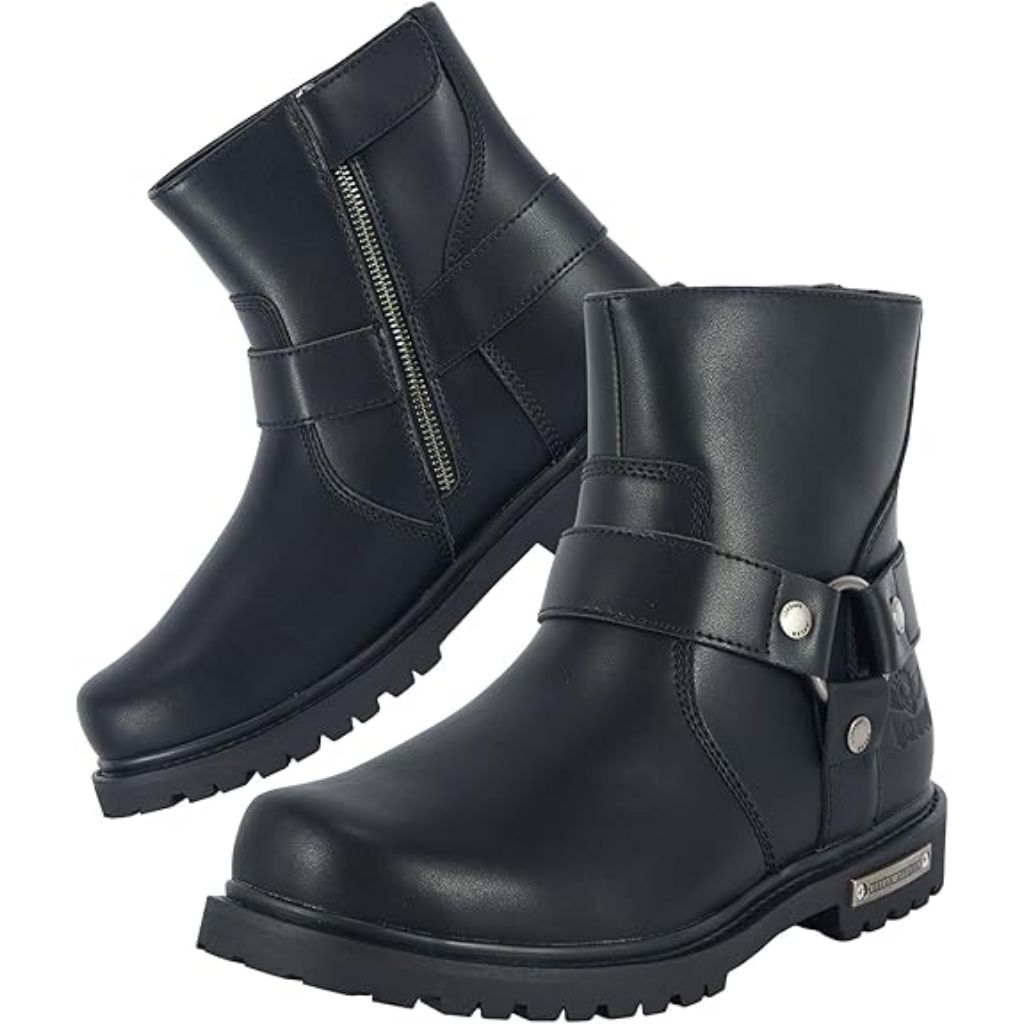 Dream Apparel Mens Harness Motorcycle Riding Boots Black PU Leather Biker Ankle Boots with Side Zipper, Waterproof Faux Leather Round Toe Booties
