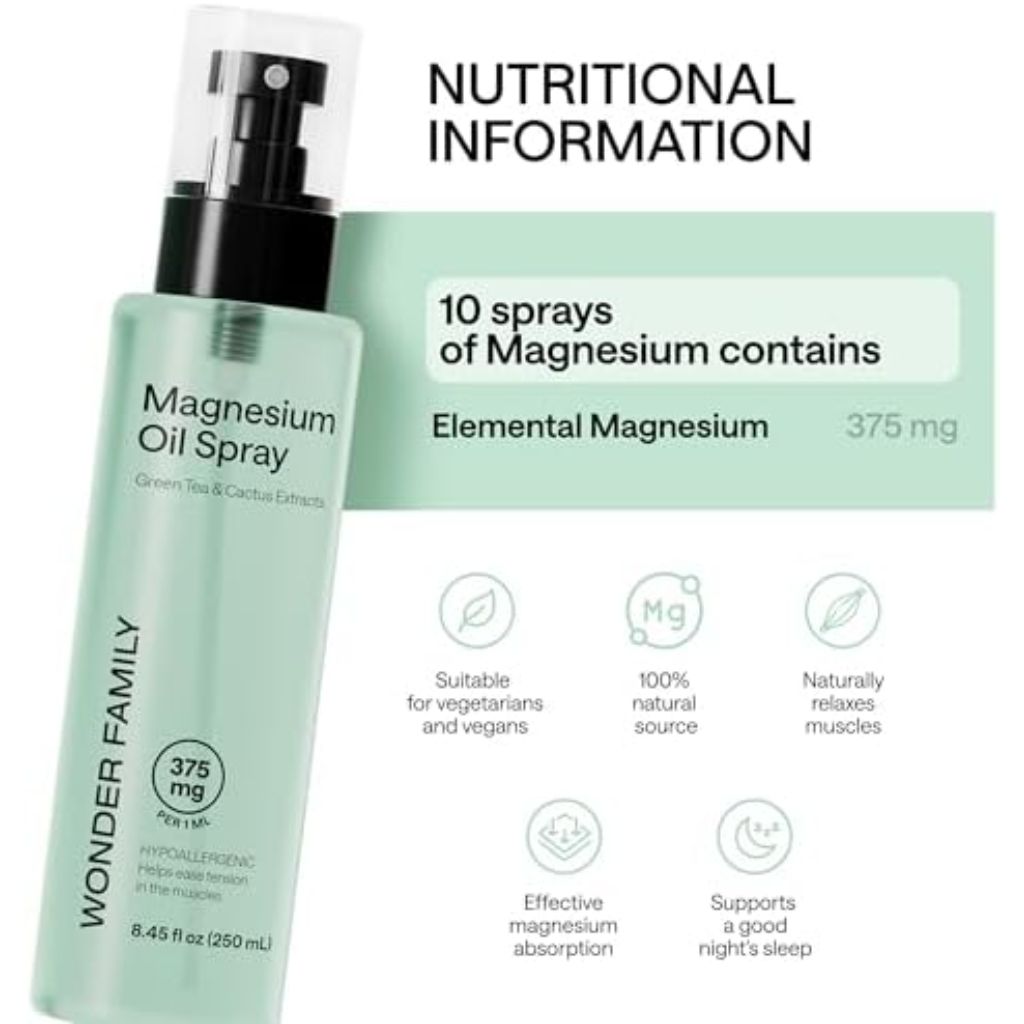 Magnesium Oil Spray for Feet and Whole Body, Natural Deodorant, Sleep Support and Relaxation - 8.45 fl. oz. Bottle with 6 Patches