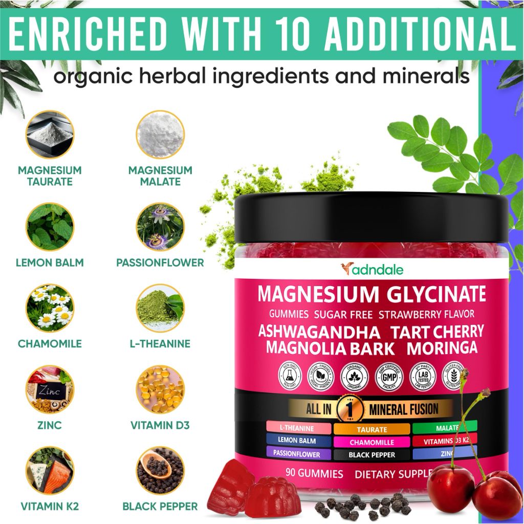 Adndale Magnesium Glycinate 400 mg Gummies with Ashwagandha,  90CT