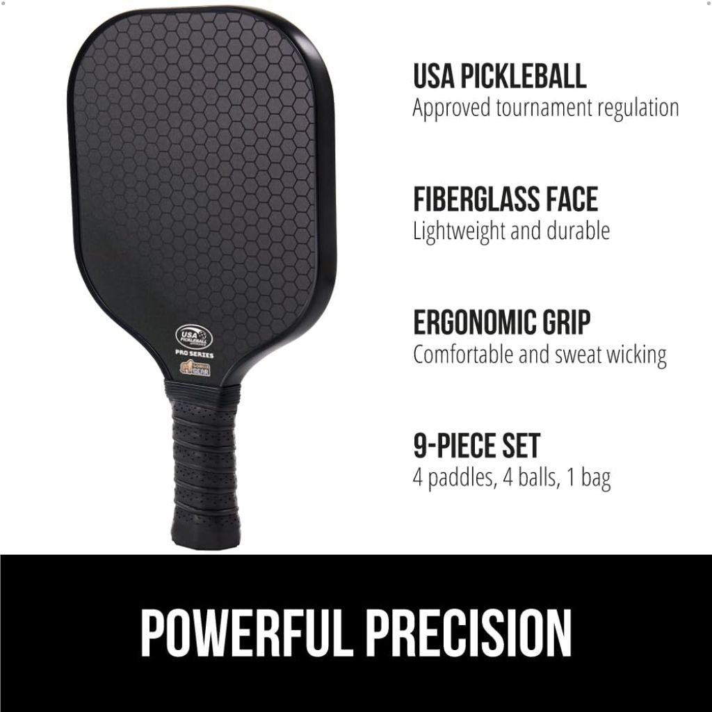 Gorilla Gear USAPA Approved Pickleball Paddles Set of 4, Indoor Fiberglass Shock Absorbent Racket with Comfortable Grip, Outdoor Pickle Ball Court Equipment, Sports Accessories Includes Bag, Black