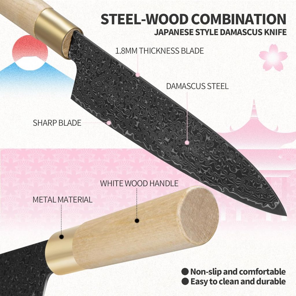 FULLHI Japanese Knife Black Damascus Steel with Sheath, handforged Blade Wood Handle Gyutou sashimi Chef Knife Kitchen Knife with Box for man women gift