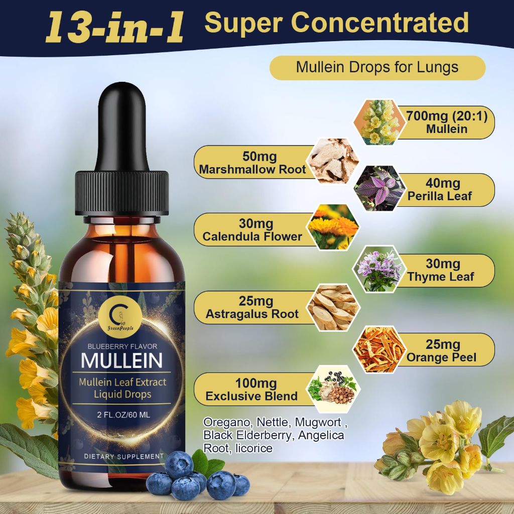 Mullein Leaf Extract Drops for Lungs Blueberry Flavor, 2 FL OZ