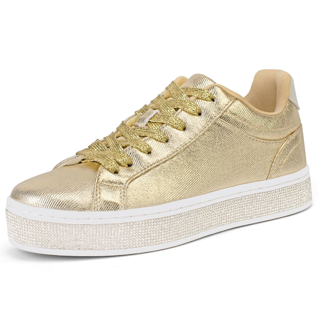 SZ 9, GOSERCE Women's Fashion Gold Sneakers with Sparkly Glitter Rhinestone
