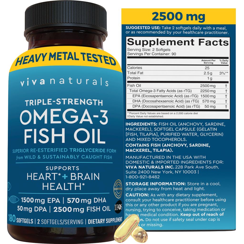 Triple Strength Fish Oil Omega 3 Supplements for Women and Men, 2500 mg High-Potency - 180 Softgels