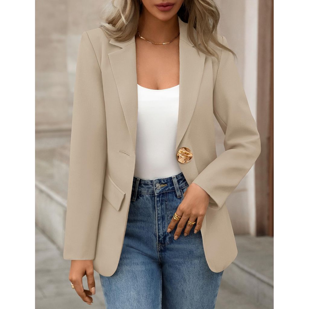 MEROKEETY Women's Long Sleeve Blazer, Sand, Large