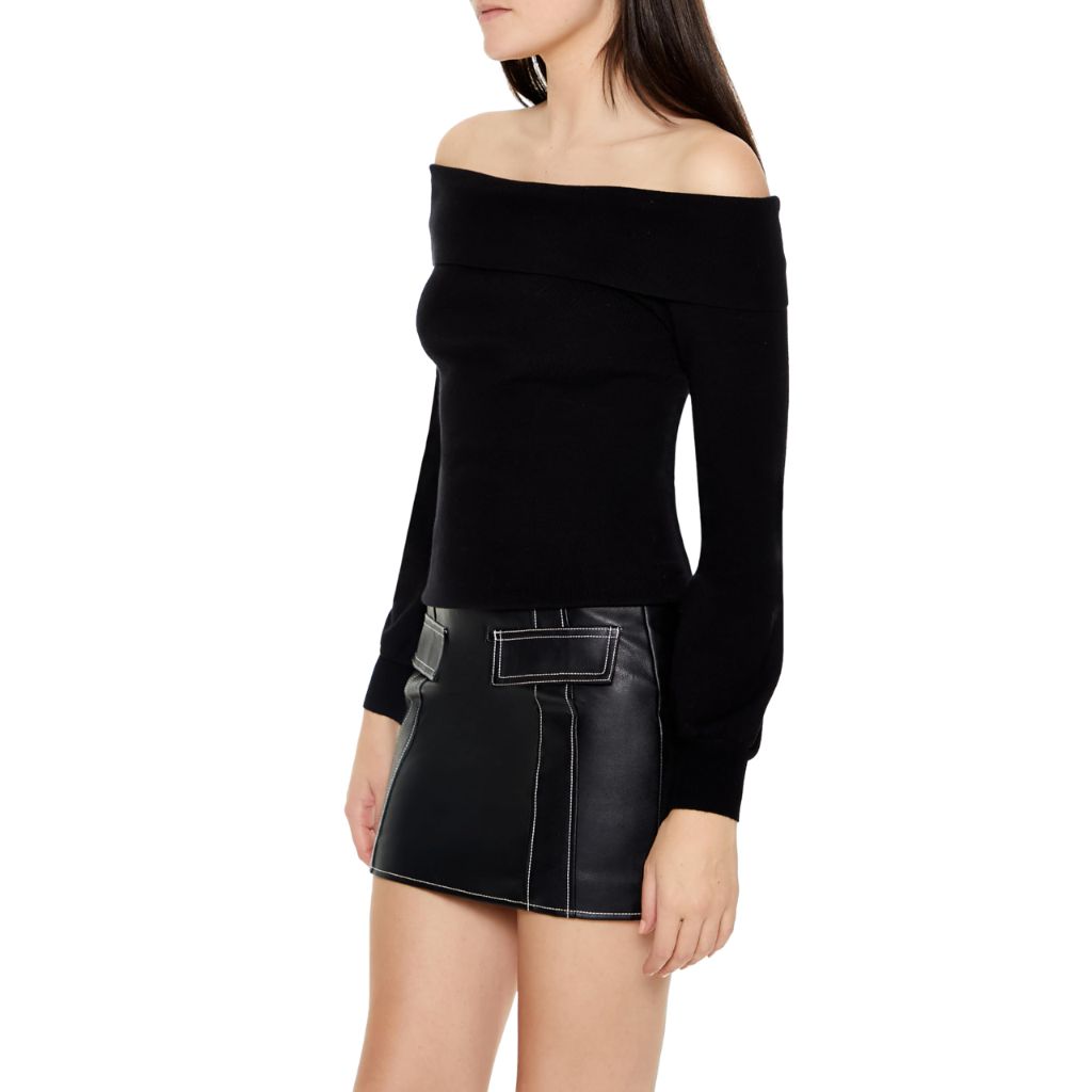 Forever 21 Women's Fitted Off-the-Shoulder Sweater Black Medium