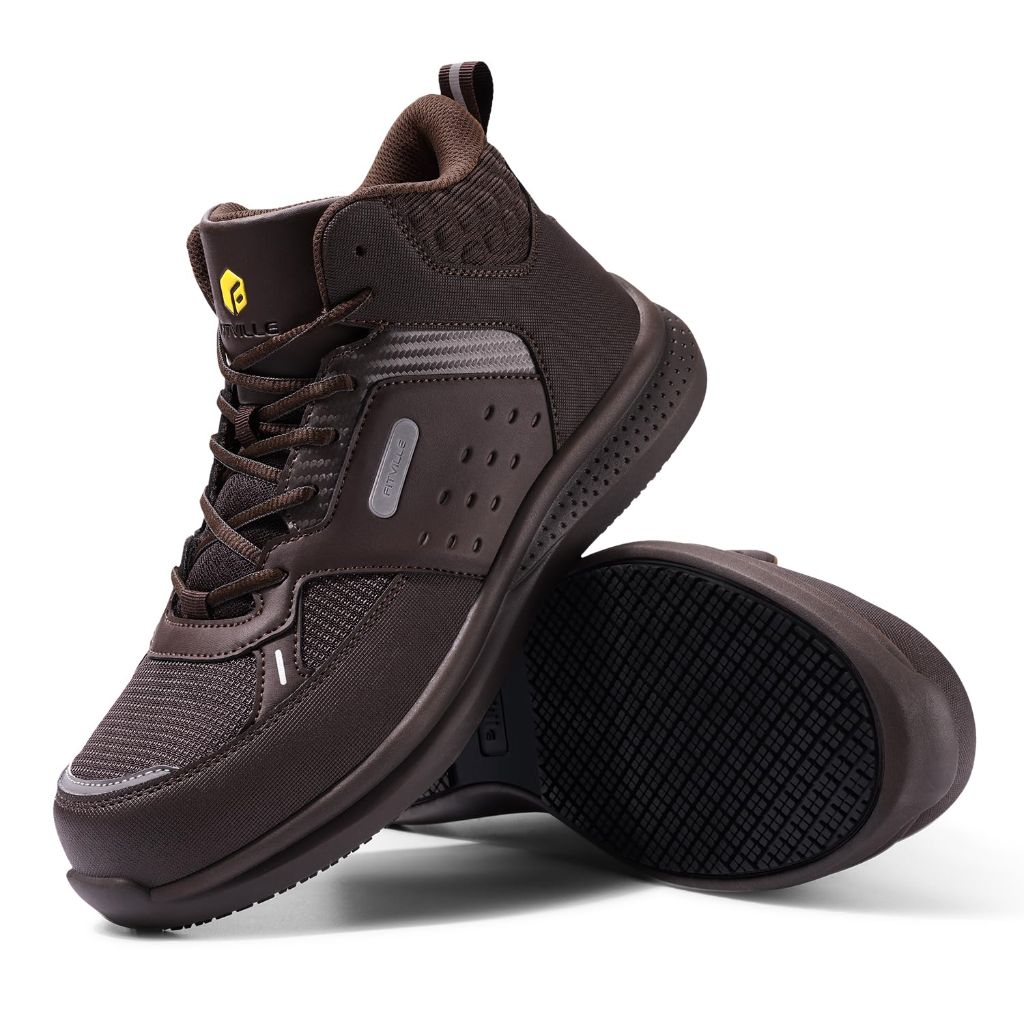 FitVille Wide Work Boots for Men Composite Toe Safety Work Shoes Slip-Resistant Work Boots Waterproof Lightweight - SteelCore (Brown, 8.5 Wide)