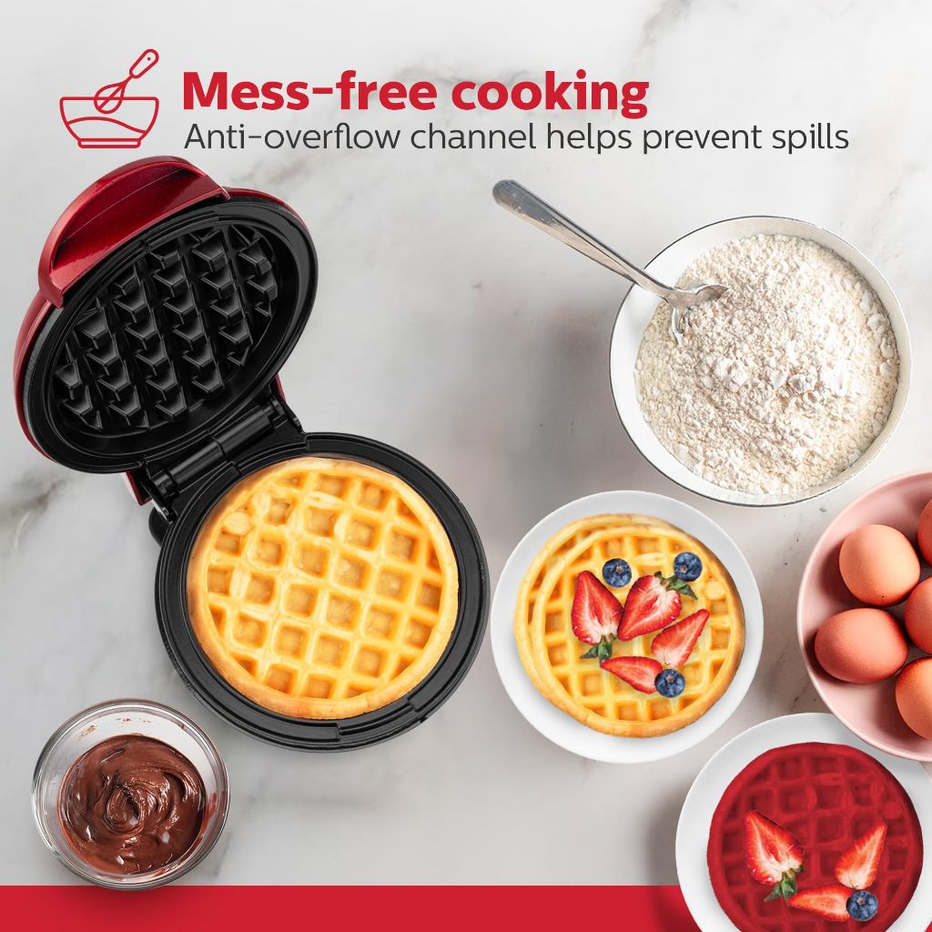 Holstein Housewares Personal Non-Stick Waffle Maker, Metallic Red - 4-inch Waffles in Minutes