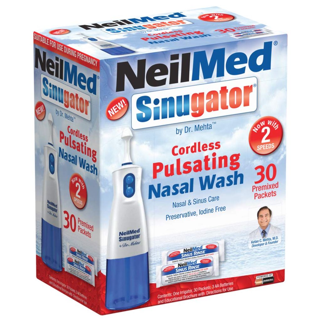 NeilMed Sinugator Cordless Pulsating Nasal Wash Kit with One Irrigator, 30 Premixed Packets and 3 AA Batteries