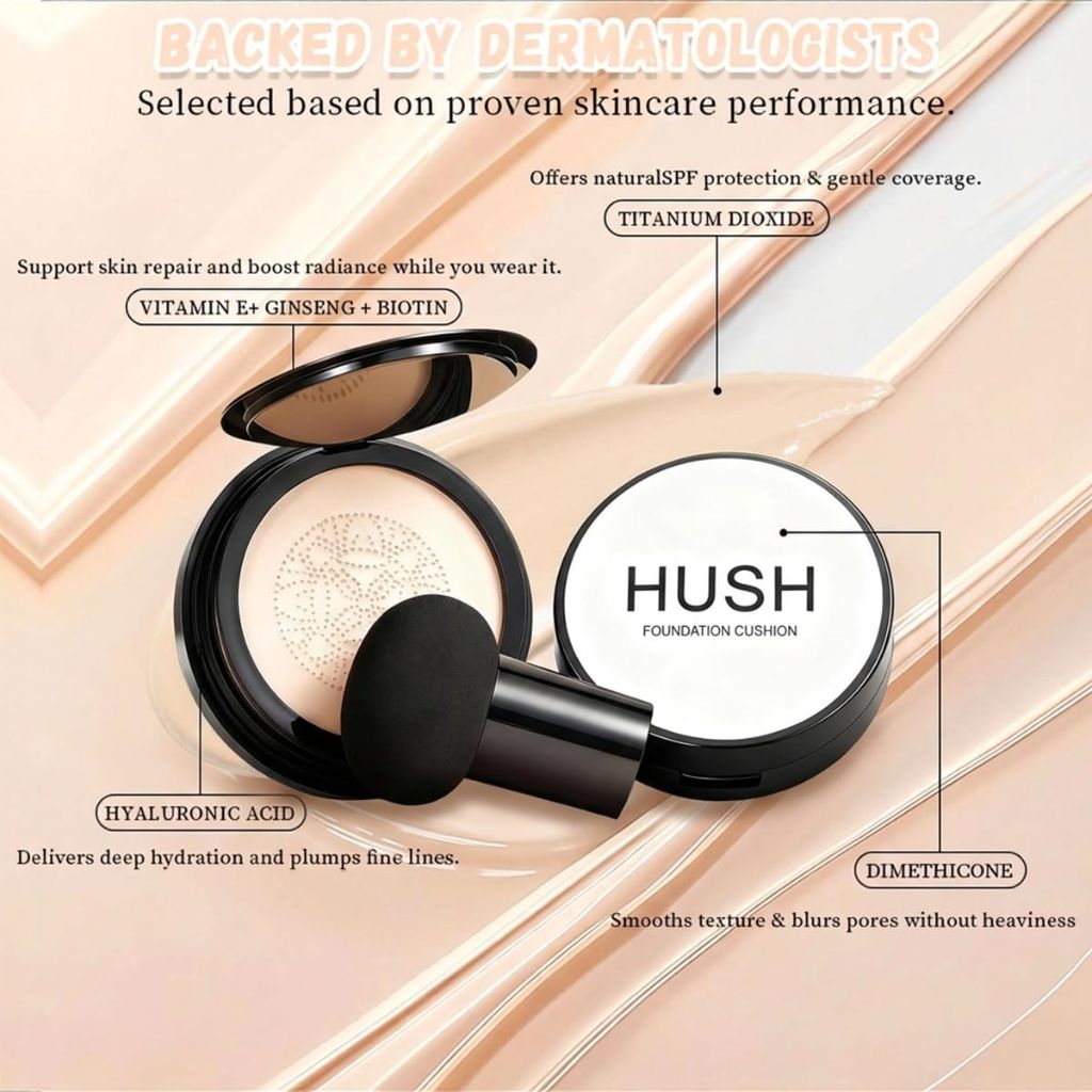 Hush Foundation for Mature Skin - Warm Natural Shade, Lightweight Full Coverage CC/BB Cream with Mushroom Head Applicator