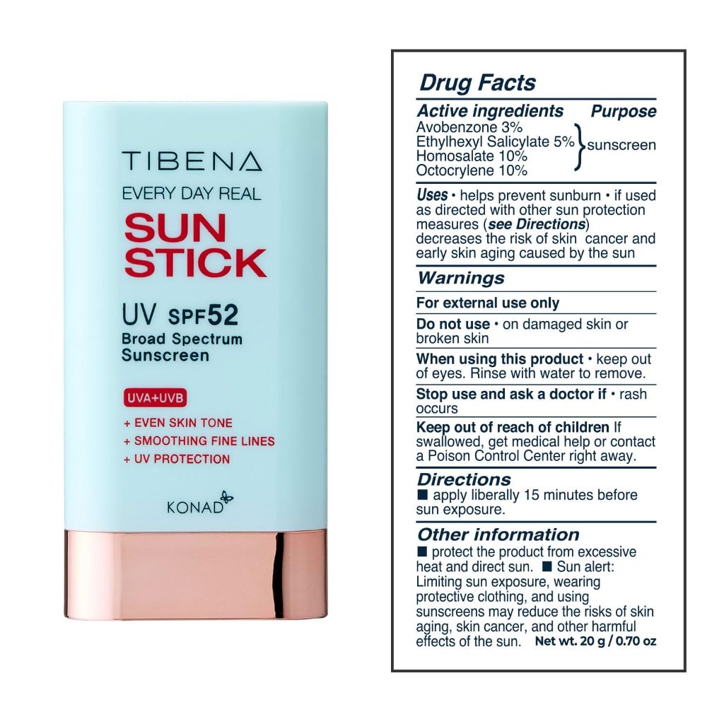 TIBENA Everyday Real Sunscreen Stick SPF 52 - Broad Spectrum UV Protection 20g