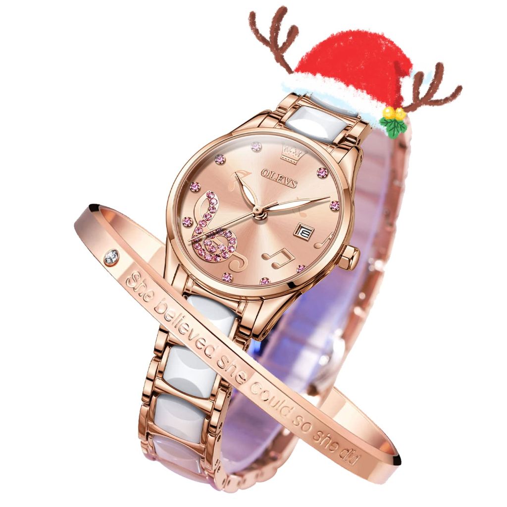 OLEVS Watch for Women Rose Gold Ladies Ceramic Luxury Elegant Note Fashion 3ATM Date Waterproof Luminous Pink Valentine's Day Present Bracelet