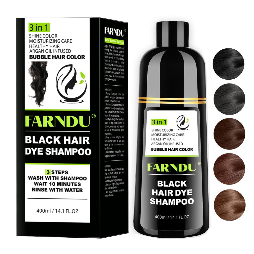 Farndu Black Hair Dye Shampoo , Gray Hair Coverage Herbal Natural 3 in 1 Hair Color Shampoo, Champu para canas