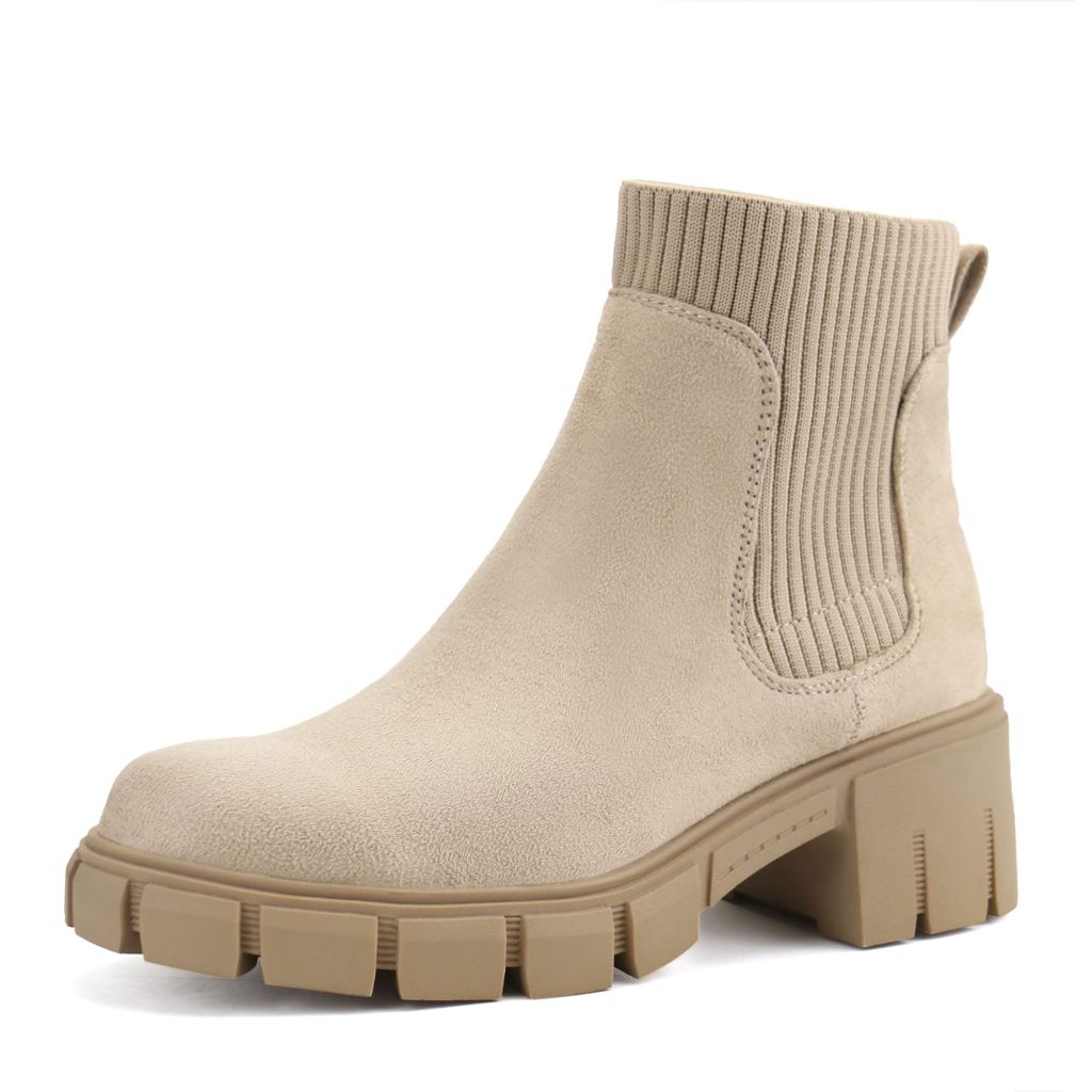JABASIC Womens Chunky Ankle Boots Slip on Chelsea Boots Elastic Booties (9,Sand)
