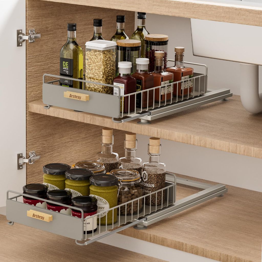 Under Sink Organizer Kitchen - Bathroom Organizers and Storage 2 Tier, Mute Pull Out Cabinet Organizer and Storage Shelves, Slide out Kitchen Organization with Track for Pantry, Grey
