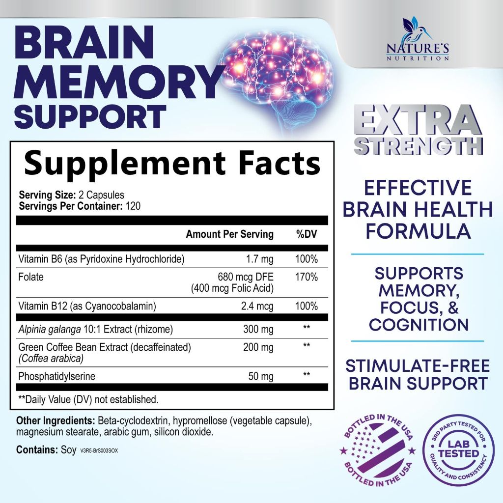 Nature's Nutrition - Brain Memory Supplement Pills - 240 Capsules
