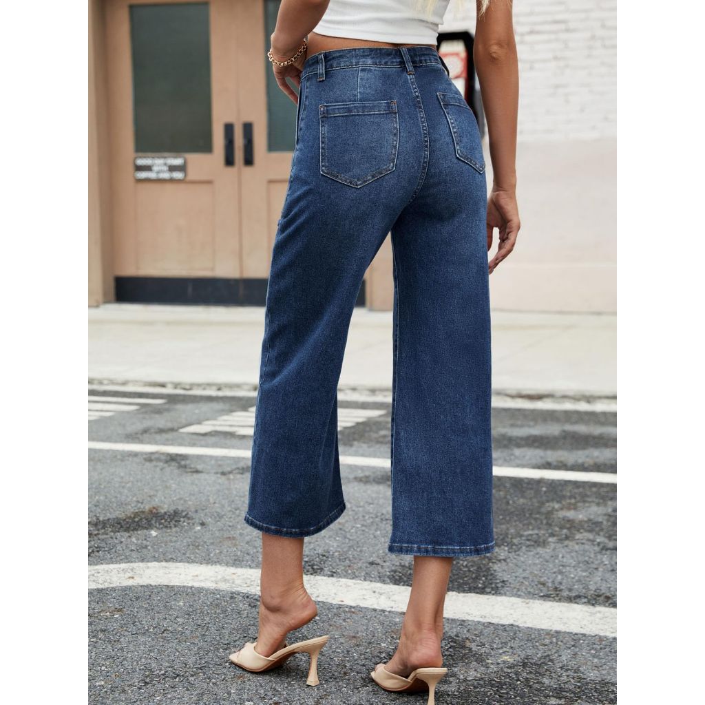 Genleck Women's Wide Leg Jeans – Trendy Cropped Loose Jeans High Waisted Stretchy Capri Denim Pants Baggy Trousers 2025 Dark Blue
