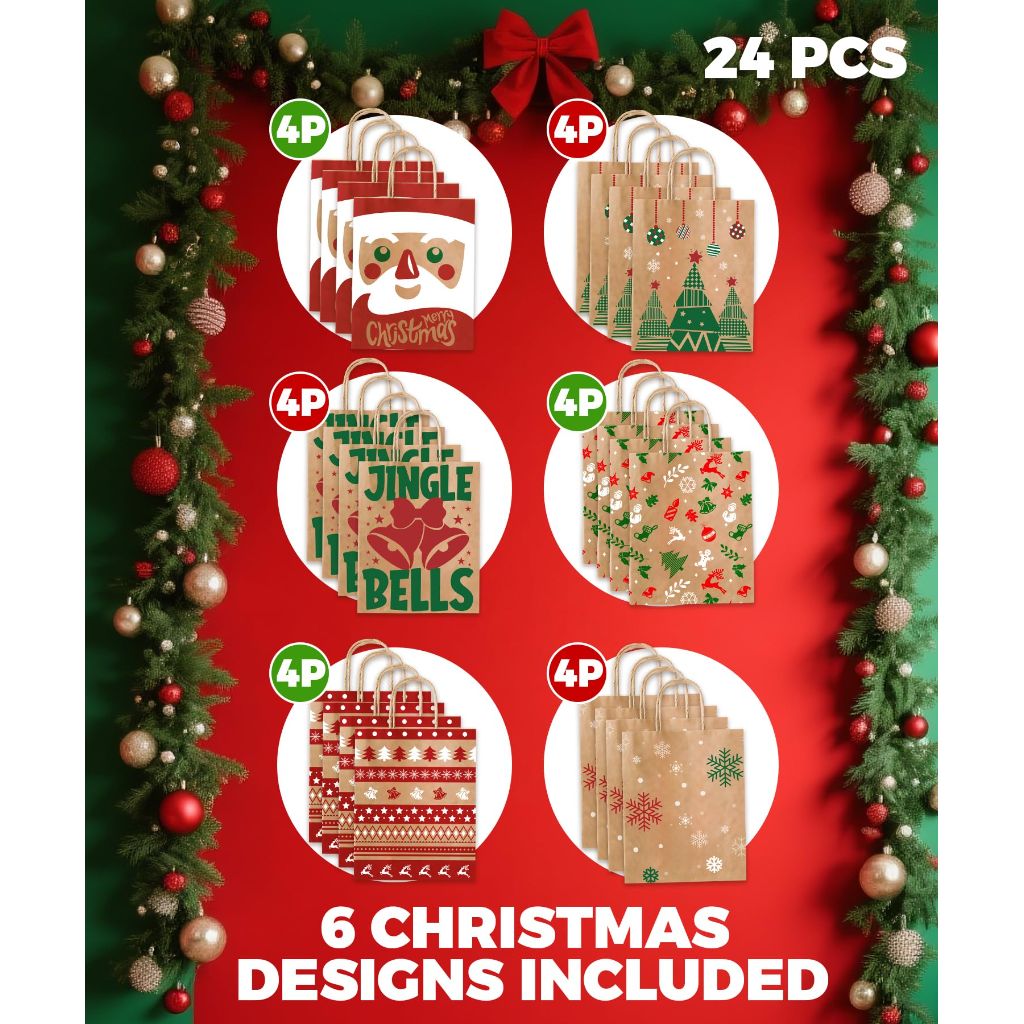Sipthene 24 Pack Christmas Gift Bags with Handles, Kraft Paper Goody Treat Bags for Holiday Present Wrapping (6 Designs, 9" x 7" x 3.3")