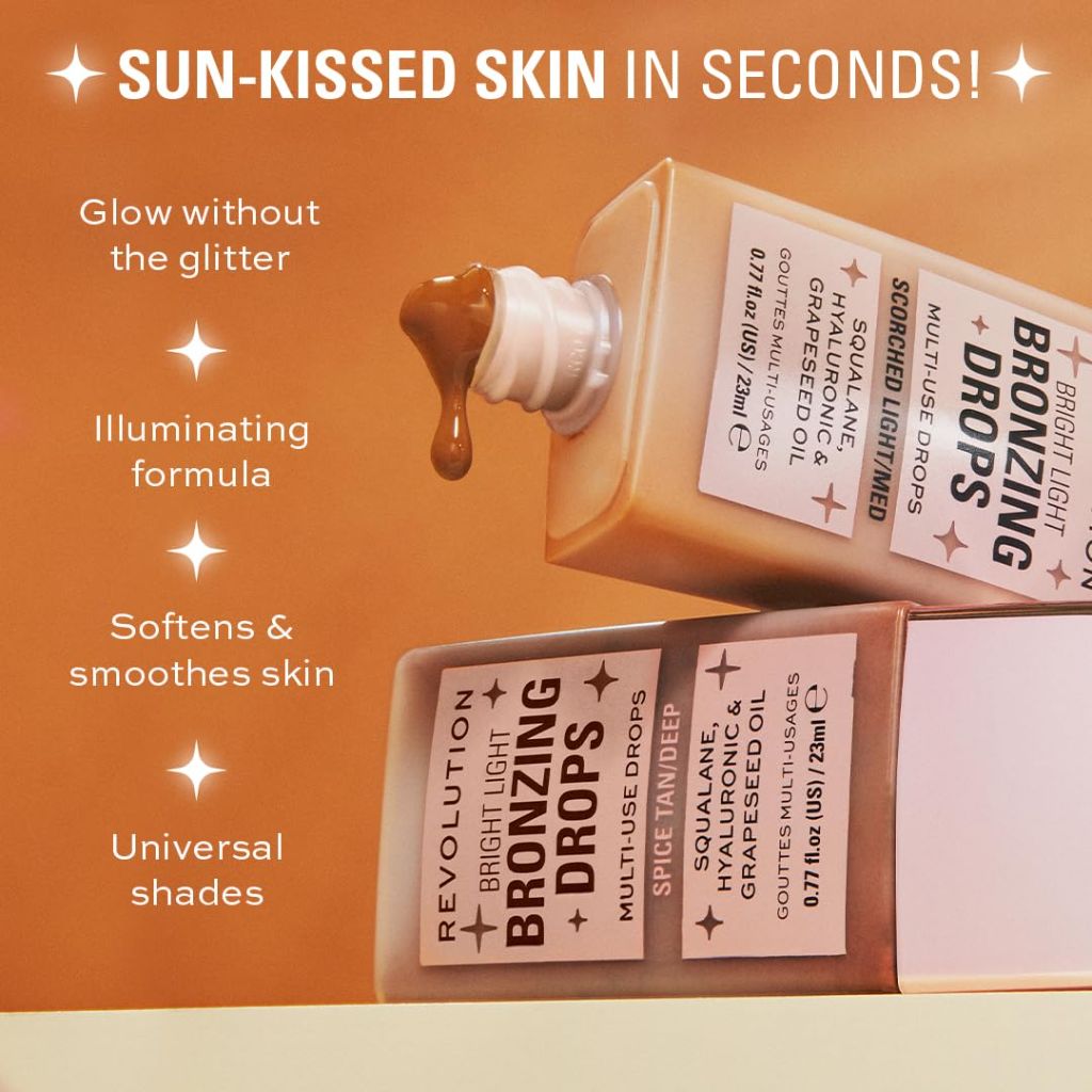 Revolution Beauty London Bright Light Bronzing Drops for Face & Body - Bronze Scorched, 0.77 fl. oz.