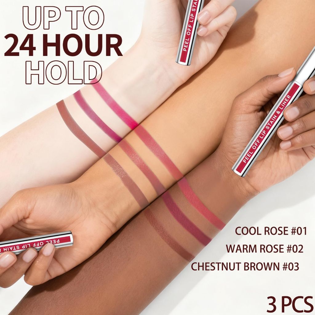 JUNECODE 3Pcs Lip Stain Peel Off Set, Highly Pigmented Color Lip Makeup(#01+02+03)