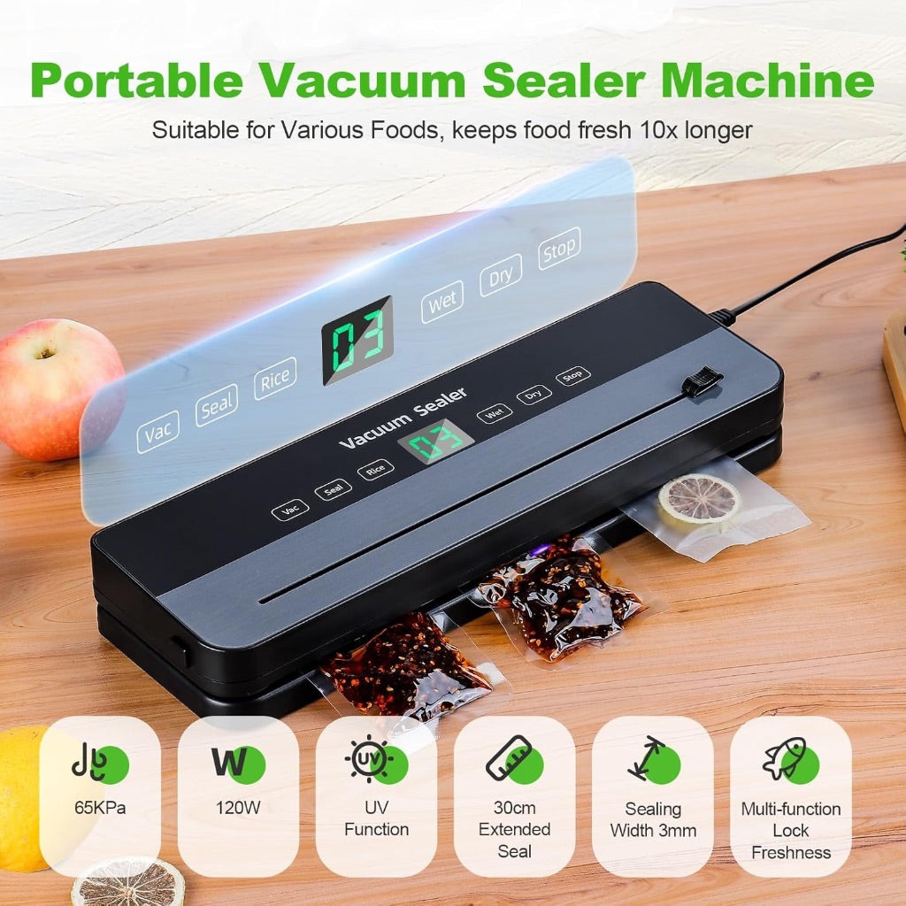 LIARTY Vacuum Sealer Machine 65Kpa 7-in-1 Compact Portable Food Sealer with Built-in Cutter 10 Bags Dry&Wet Modes Ideal for Kitchen Restaurant Home Use