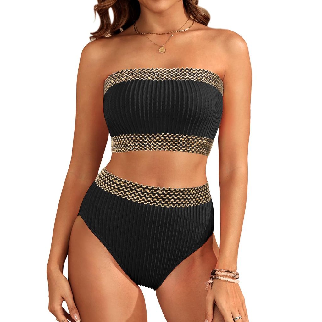 SZ M, Black Golden High Waisted Bandeau Bikini Set