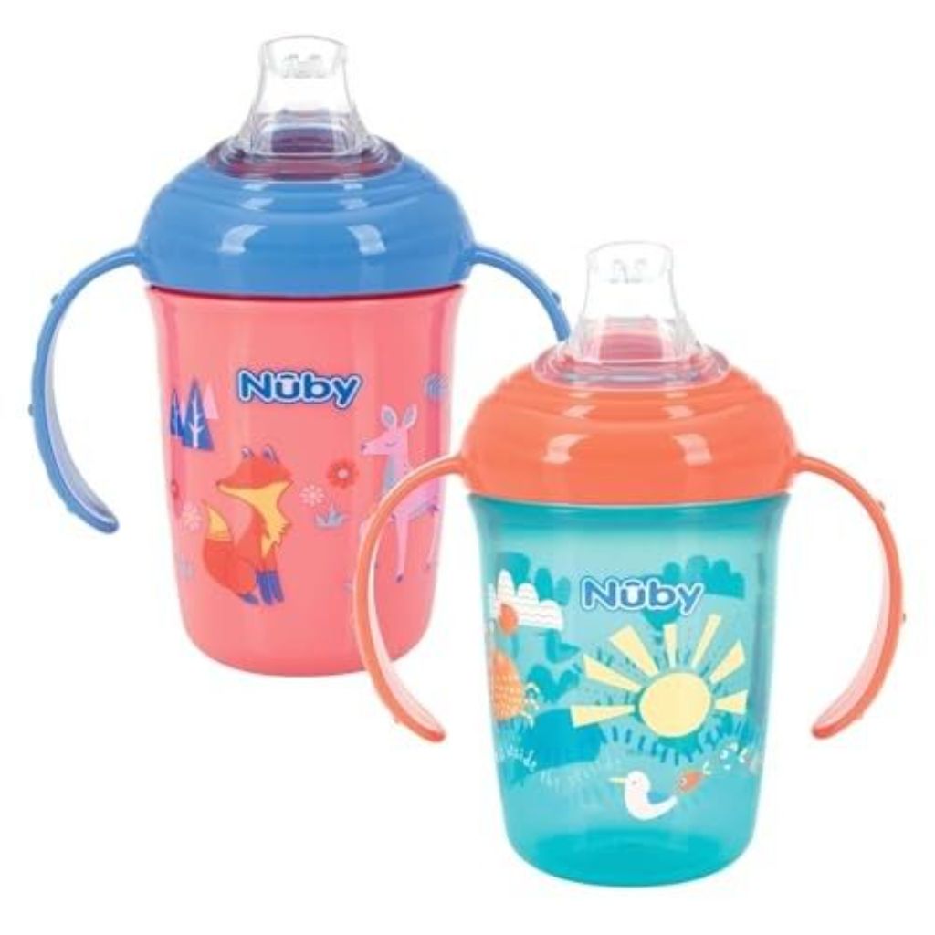 Nuby No-Spill Two Handle Spout Cup with Hygienic Cover | 2 Pack:  Aqua Ocean & Pink Animals | 8oz/ 4months+
