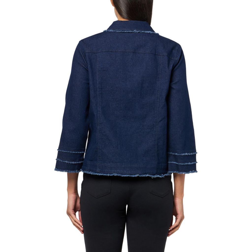 MULTIPLES Women's Triple Fringe Sleeves Four-Pocket Button Front Jean Jacket, Midnight Indigo (Size M)