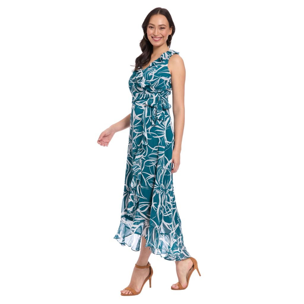 London Times Women's Dresses Sleeveless Ruffle Detail Faux Wrap Tie Midi Dress, Legion Blue/Soft White, 6