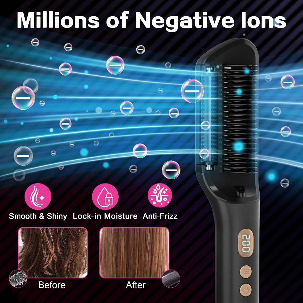 DAILYLIFE Hair Straightening Brush with Oil-Infused, Ionic Plates, 20s Fast Heating, 9 Temps, LCD Display - Black