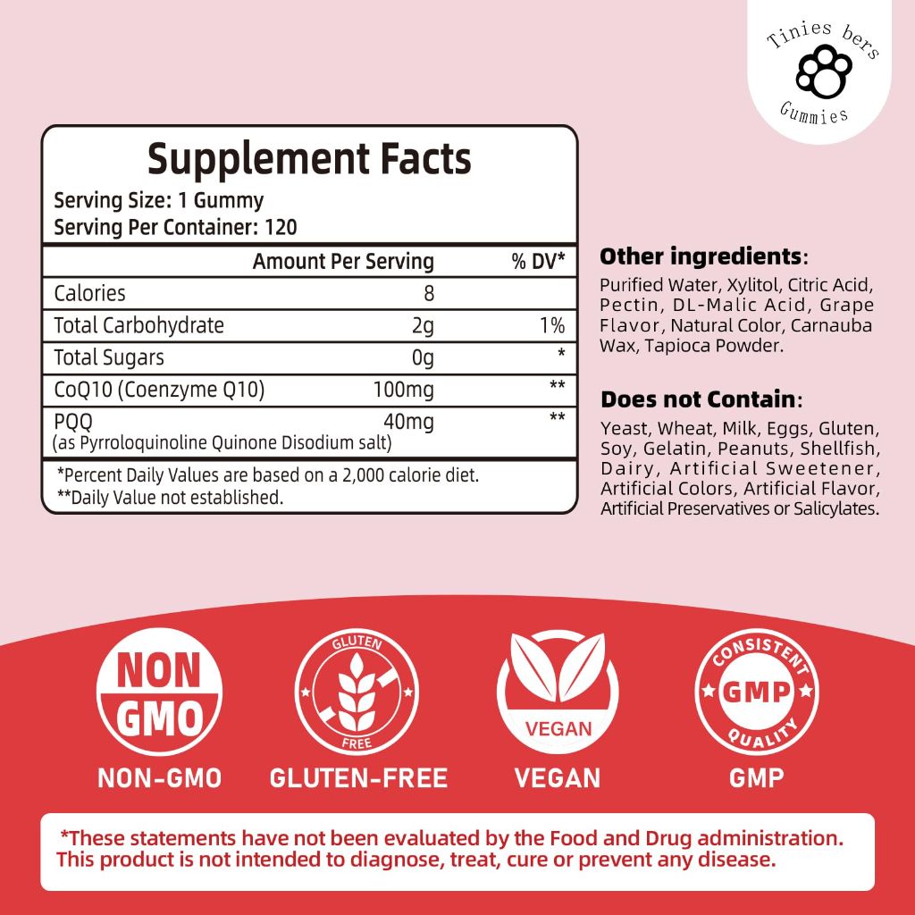 Tinies bers PQQ + CoQ10 Supplement, Grape, 120 Gummies