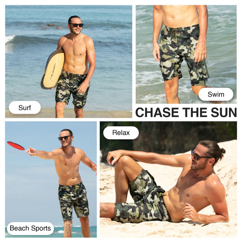 Kanu Surf Mens, Barracuda Swim Trunks, Camo Army Green, Small