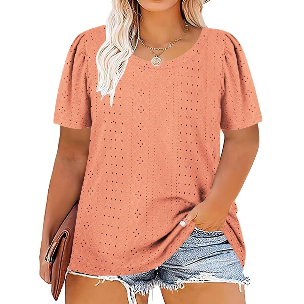 Dolnine Women's Plus Size Fashion Eyelet Crewneck Blouse - Powder Pink, 5XL