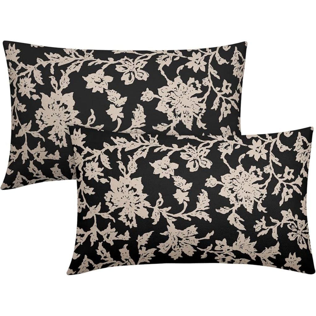Vintage Floral Block Print Pillow Covers 12x20 Set of 2 Black Brown Cream Flower Pattern Rustic Old Style Decorative Lumbar Throw Pillow Cases Outdoor Farmhouse Decoration for Sofa Couch Bed