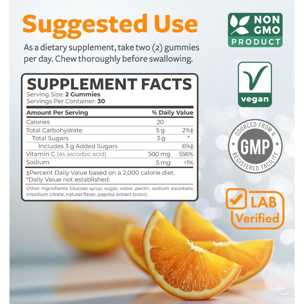 Vegan Vitamin C Gummies for Adults - 500mg per Serving - Orange Flavor (1 Month Supply)