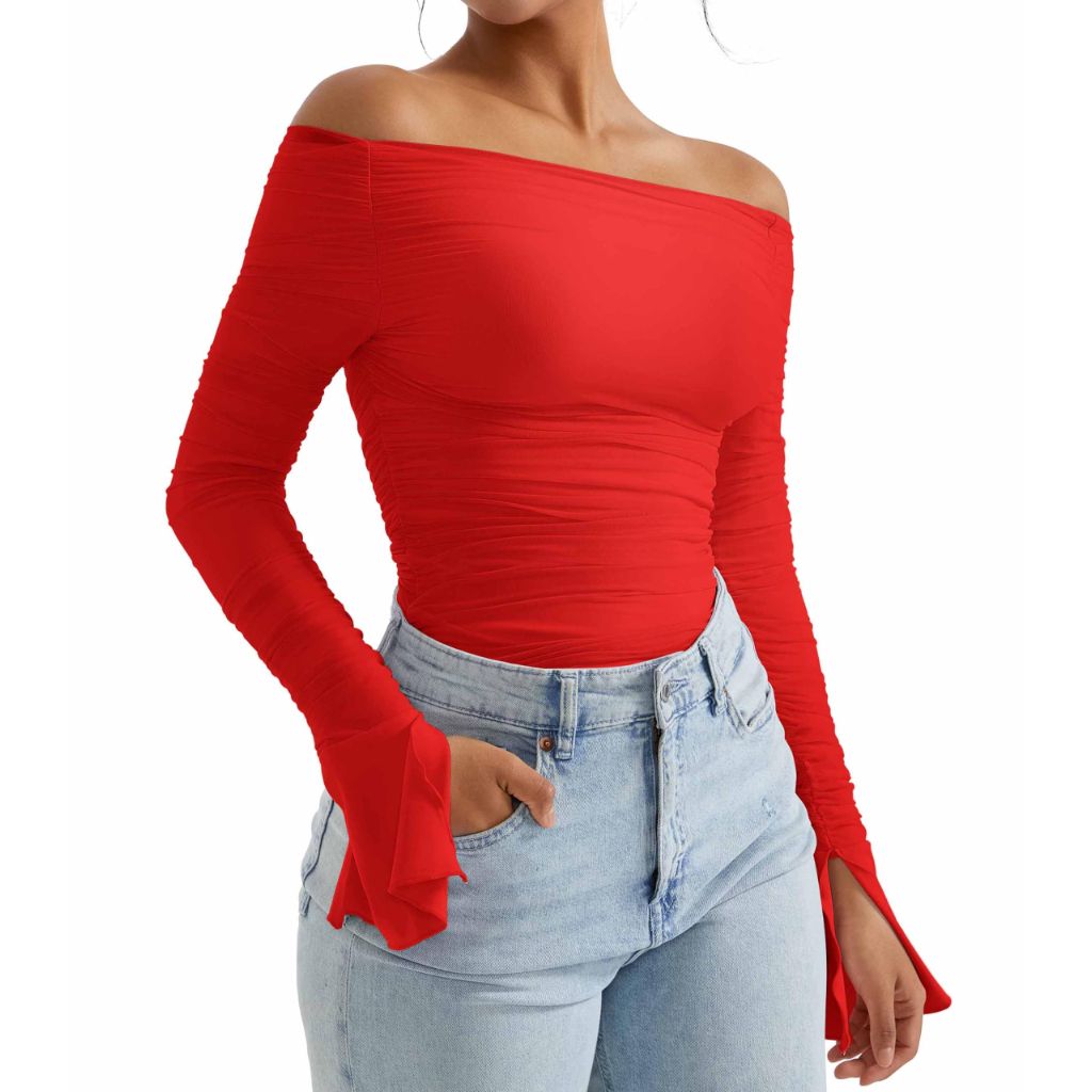OMKAGI Women Long Sleeve Top, Boat Neck, Off Shoulder, Fitted, Y2K Crop Top(XS,Red-194)