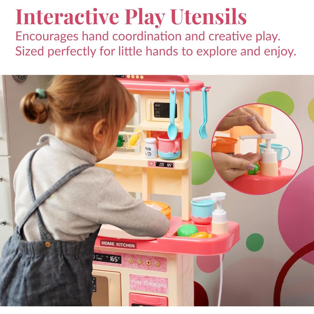 Prextex Plastic Pretend Play Kitchen Set with Dishwasher and Oven, Stove with Lights/Sounds, Working Faucet with Water Circulation