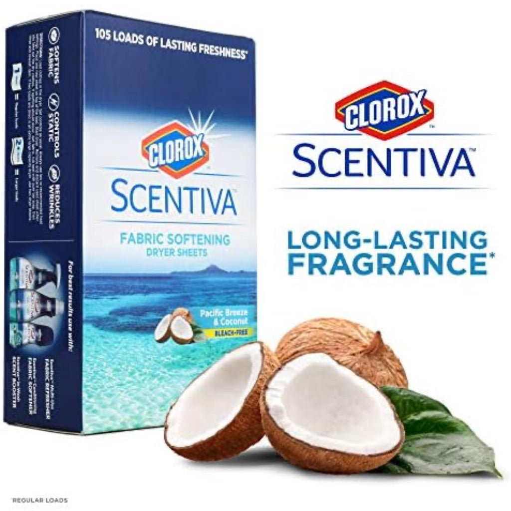 Clorox Scentiva Fabric Softener Dryer Sheets, Pacific Breeze & Coconut Scent - Wrinkle Reducing Scented Softening Laundry Dryer Sheets for Great Smelling Clothes, 105 Count