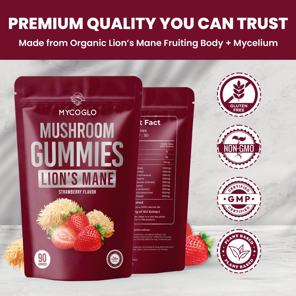 MYCOGLO 10-in-1 Mushroom Gummies for Focus & Energy | Strawberry Flavor Gluten-Free (90 Count)
