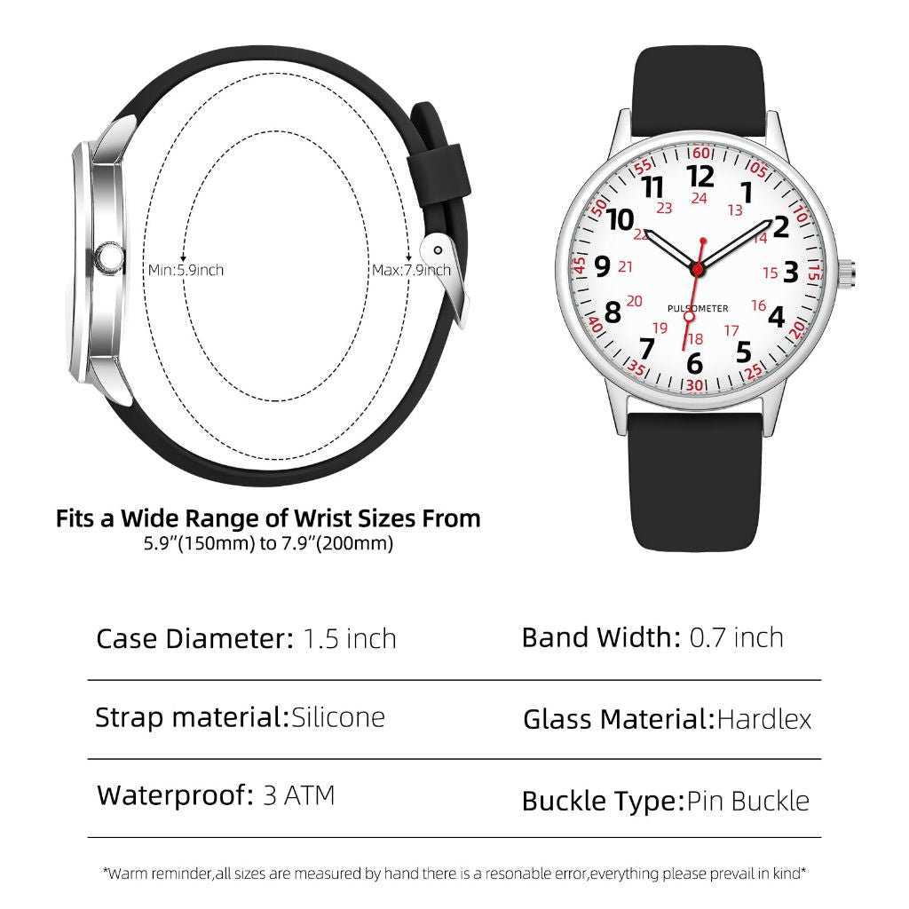 TWOPTION Nurse Watch for Women Waterproof Analog Silicone Watch with Second Hand Nursing Easy Read Dial Nurse Watches(Black)