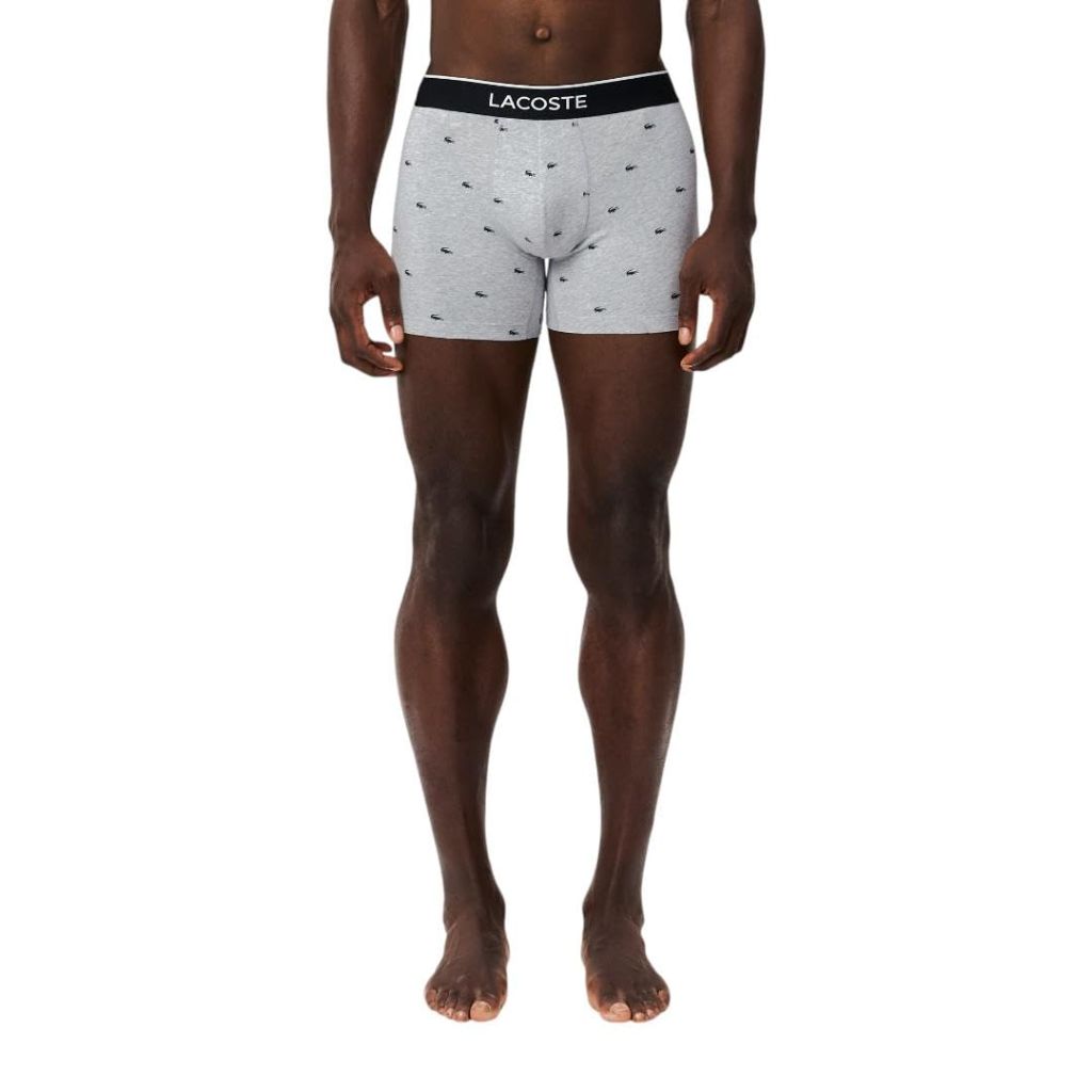 Lacoste Men's Cotton Stretch Mini Croc Print Boxer Briefs, 3-pack, Deep Ocean/Dove Grey/Red, Medium