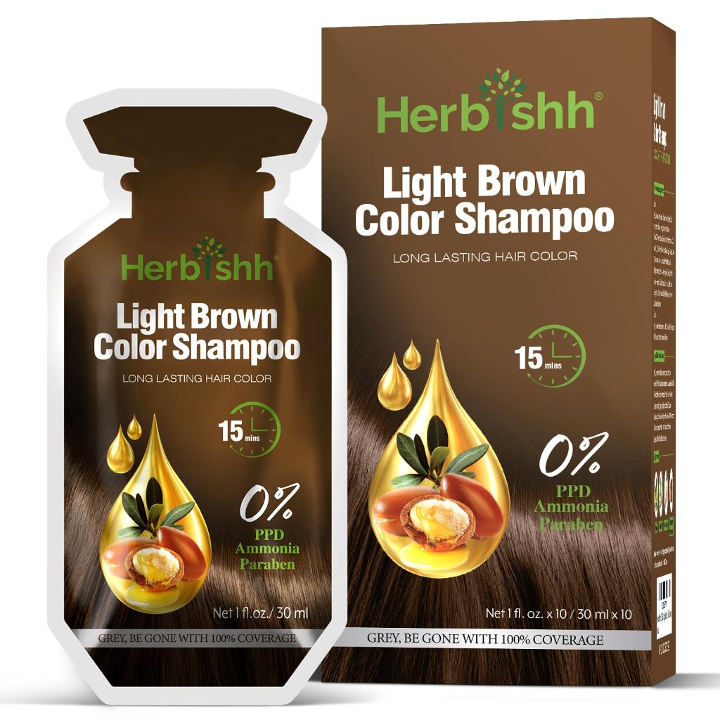 Herbishh Light Brown Hair Shampoo, Hair Color for Gray Coverage, 3 in 1 Hair Dye Shampoo - 30mlx10p