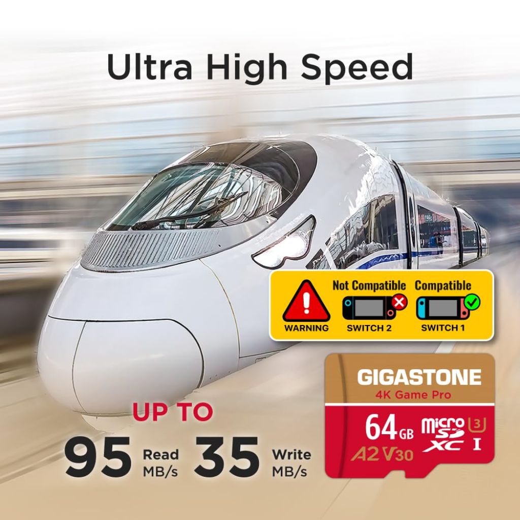 【for Switch 1 Only】 GIGASTONE 64GB Micro SD Card 2-Pack, 4K Game Pro, MicroSDXC Memory Card for Gaming Console, UHD Video, up to 95/35MB/s, UHS-I U3 A2 V30 C10 【5-Years Data Recovery】