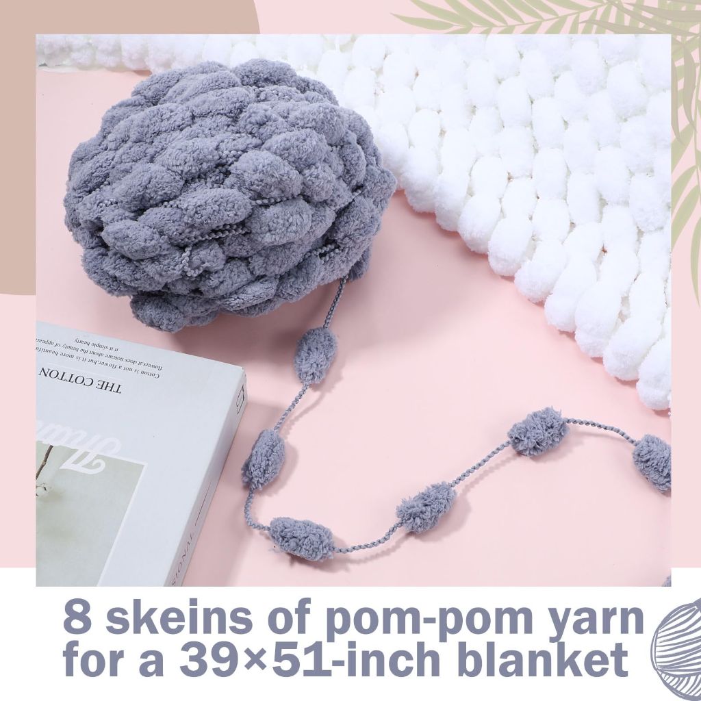 Timgle Winter Gift 8 Skeins Pom Pom Ball Yarn for Hand Knitting Crochet Blanket, 130g/skein(Light Gray)