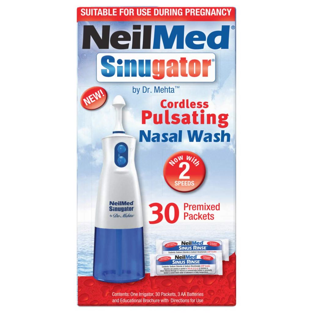 NeilMed Sinugator Cordless Pulsating Nasal Wash Kit with One Irrigator, 30 Premixed Packets and 3 AA Batteries