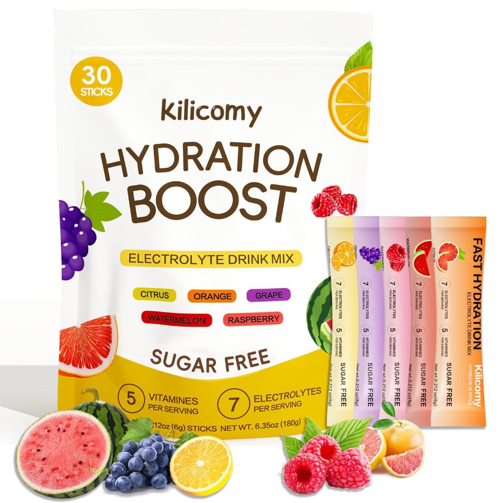 Kilicomy Sugar Free Electrolyte Powder Packets, 5 Vitamins & 7 Electrolytes for Fast Hydration,  30 Sticks