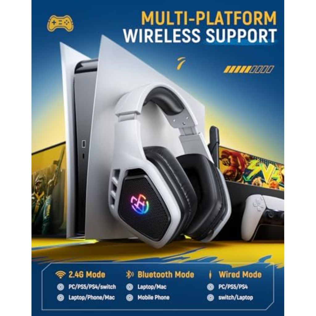 Tatybo Wireless Gaming Headset for PC, Ps5, Ps4, 2.4 Ghz USB & Type-C Gaming Headphones with Microphone, 30H Battery Bluetooth Headphones for Switch, Laptop, Mobile, Mac