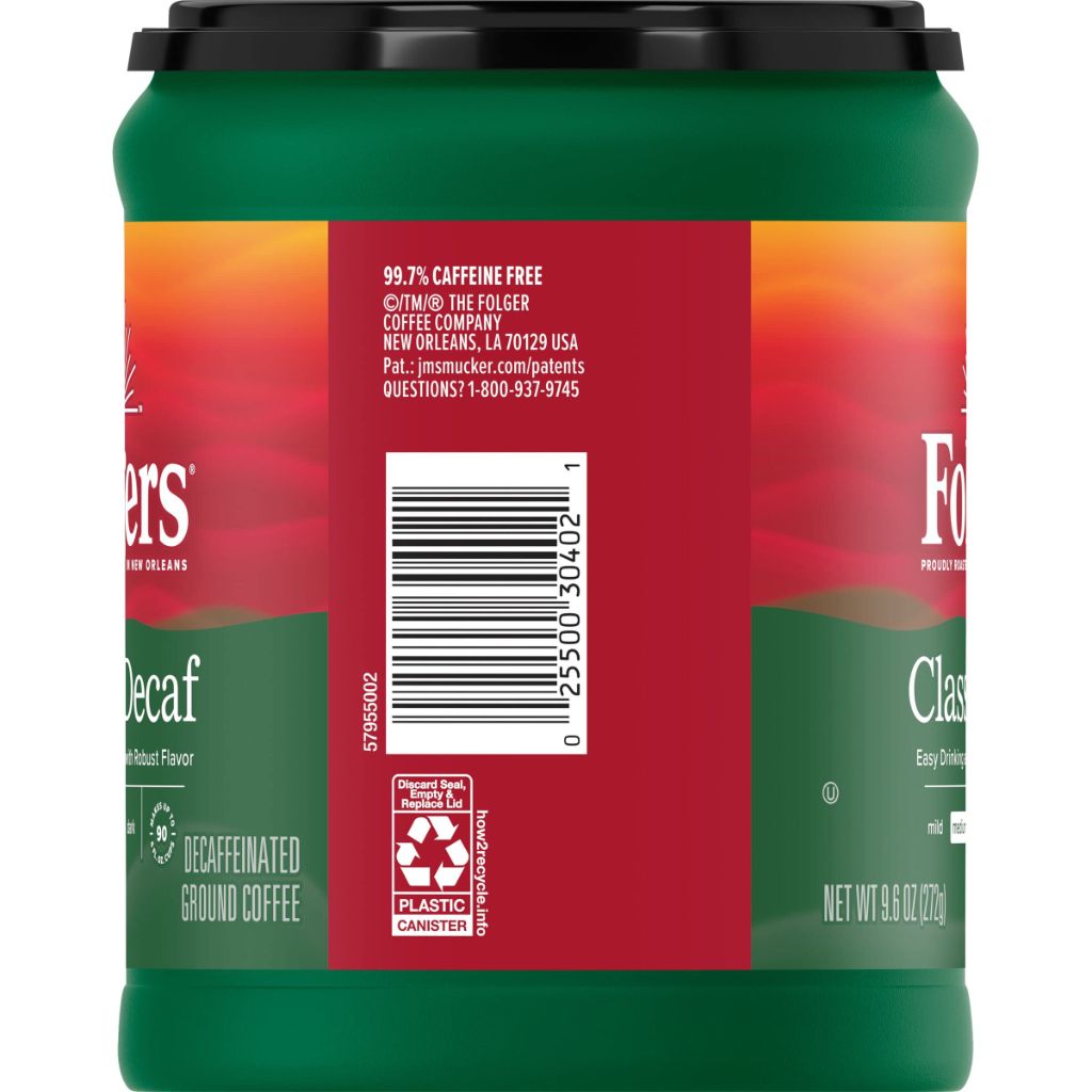 Folgers Decaf Coffee, Ground Coffee, Classic Medium Roast, 9.6 Ounce Canister