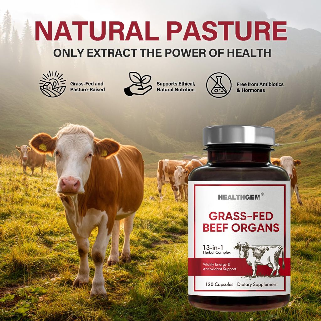 HEALTHGEM Beef Organs Supplement, Grass Fed Beef Liver, Kidney, Heart, Pancreas, Lung, Spleen, Bone, Total Body Wellness & Performance, Non-GMO, Gluten-Free, 120 Count